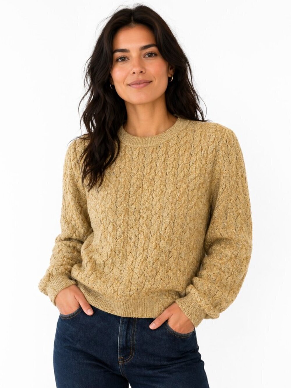 Vintage Valentino Studio 1980s Gold Metallic Cable Knit Sweater